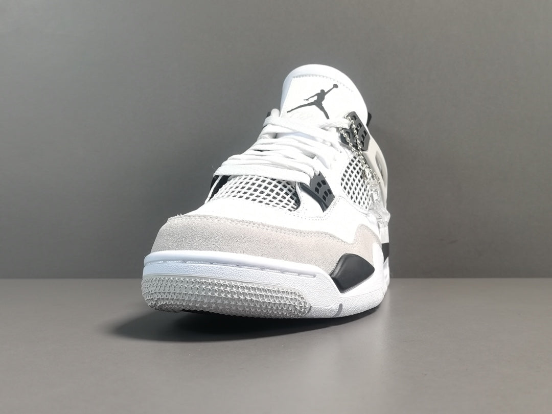 Air Jordan 4 Military Black sneakers with white leather and black accents, retro basketball shoes