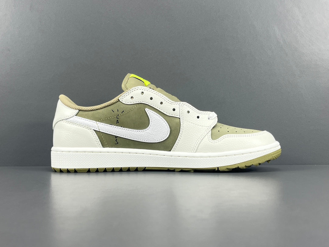 "Air Jordan 1 Low Golf x Travis Scott 'Neutral Olive' sneakers featuring olive nubuck base, off-white leather overlays, black reverse Swoosh, and Cactus Jack branding." citeturn0search0 