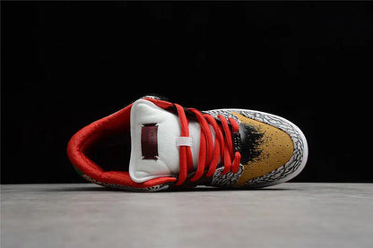 Nike SB Dunk Low What The Paul colorful patchwork upper with Nike Swoosh lateral view on white background