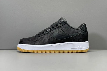 White Nike Air Force 1 x Fragment CLOT collaboration sneaker with logos
