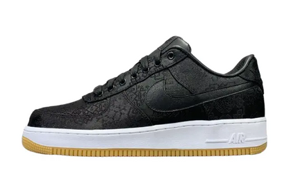 White Nike Air Force 1 x Fragment CLOT collaboration sneaker with logos
