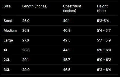 A size chart table with columns for Size, Length (inches), Chest/Bust (inches), and Height (feet) on a black background. Rows list Small through 3XL sizes with corresponding measurements.