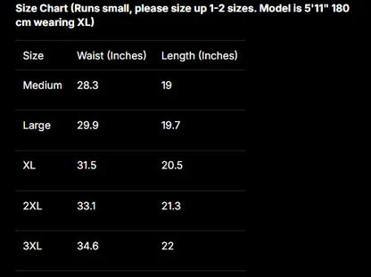 A size chart table on a black background showing waist measurements in inches and length in inches for sizes Medium, Large, XL, 2XL, and 3XL. White text at the top says the chart runs small and advises sizing up to 1-2 sizes, with a model note of 5'11" 180 cm wearing XL.