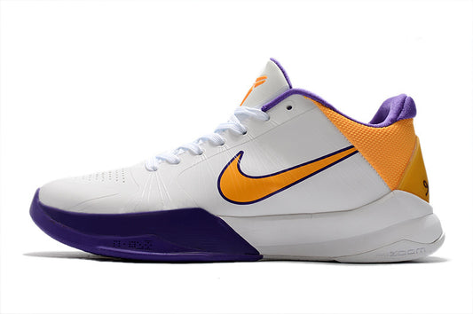 Nike Kobe 5 Protro Lakers Home edition basketball shoes in purple and gold
