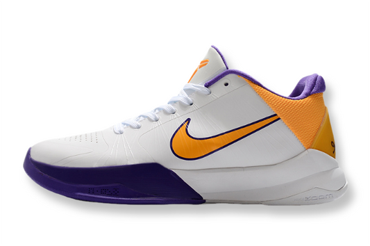 Nike Kobe 5 Protro Lakers Home edition basketball shoes in purple and gold
