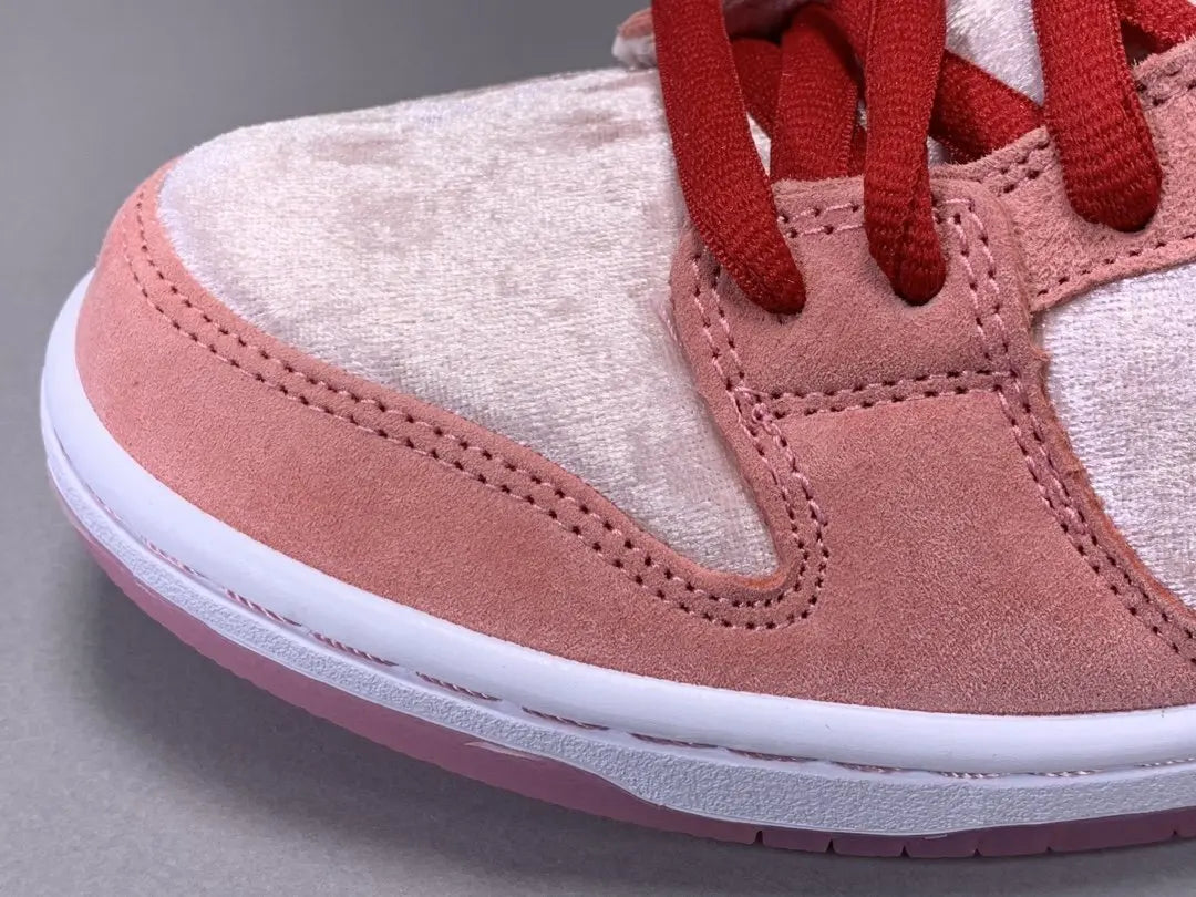 Nike SB Dunk Low Strangelove Skateboards pink velvet sneaker with heart embroidery limited edition Valentine’s Day collaboration
