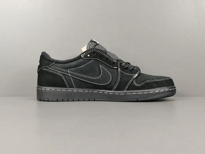 "Jordan 1 Low Travis Scott Phantom with black nubuck, white stitching, and signature reverse Swoosh."