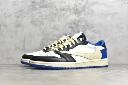 "Air Jordan 1 Low Travis Scott x Fragment – Iconic sneaker featuring a mix of white, blue, and black leather with Travis Scott’s signature reverse Swoosh and Fragment branding."