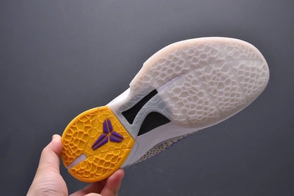 Purple and gold Kobe 6 sneakers with 3D Lakers logo design