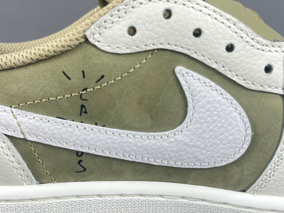 "Air Jordan 1 Low Golf x Travis Scott 'Neutral Olive' sneakers featuring olive nubuck base, off-white leather overlays, black reverse Swoosh, and Cactus Jack branding." citeturn0search0 
