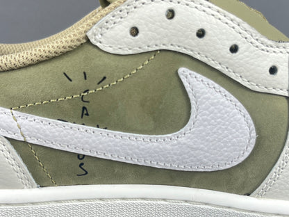 "Air Jordan 1 Low Golf x Travis Scott 'Neutral Olive' sneakers featuring olive nubuck base, off-white leather overlays, black reverse Swoosh, and Cactus Jack branding." citeturn0search0 