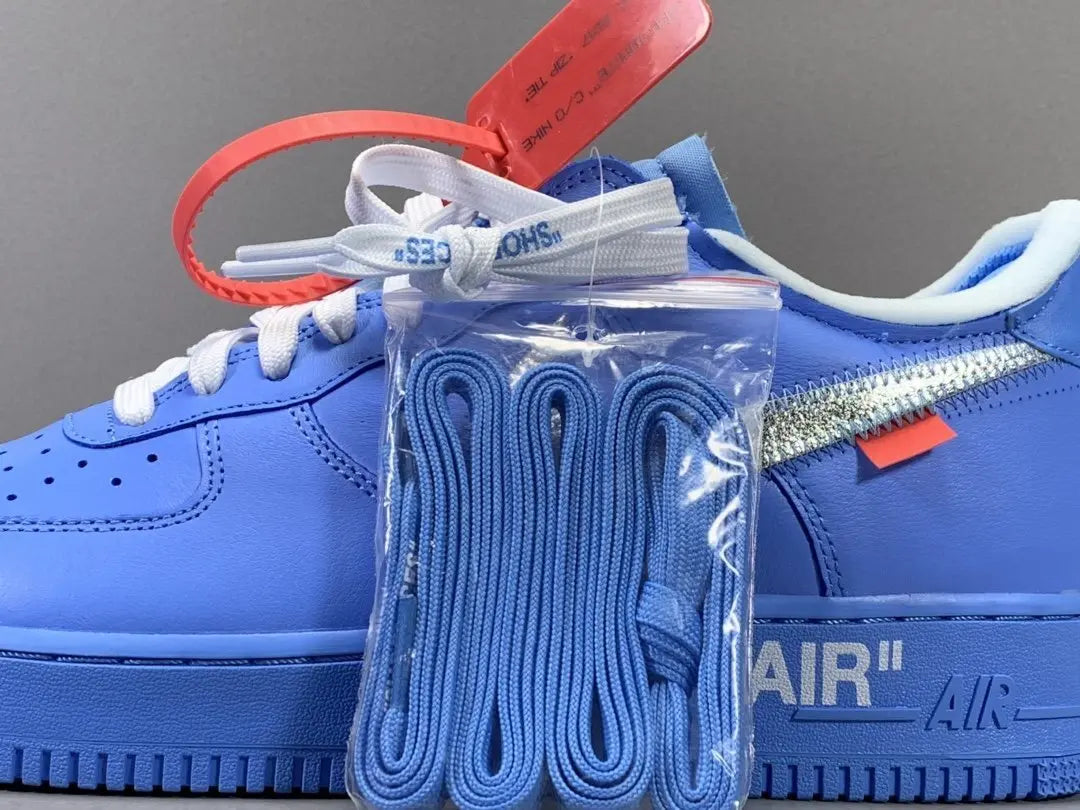 Nike Air Force 1 x Off-White MCA University Blue sneaker with metallic Swoosh
