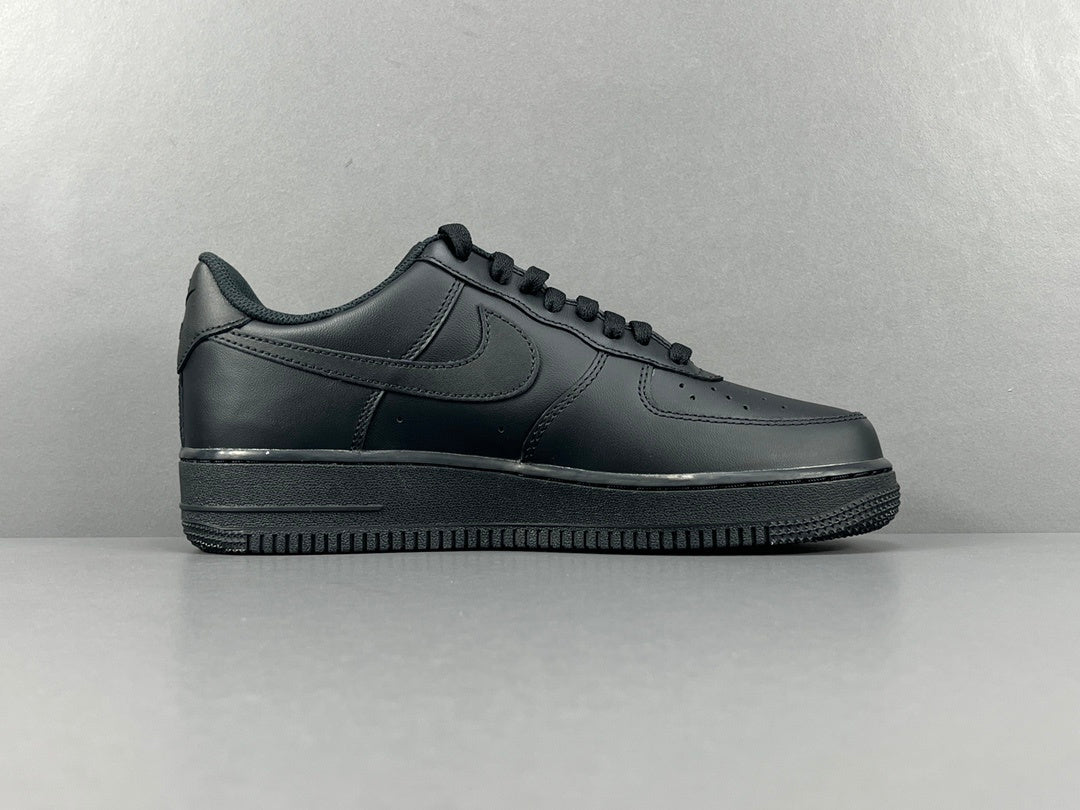 Nike Air Force 1 Black with classic silhouette, smooth leather upper, and all-black finish