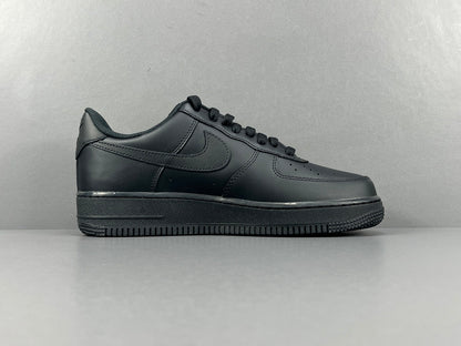 Nike Air Force 1 Black with classic silhouette, smooth leather upper, and all-black finish