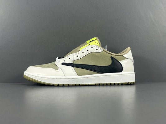 "Air Jordan 1 Low Golf x Travis Scott 'Neutral Olive' sneakers featuring olive nubuck base, off-white leather overlays, black reverse Swoosh, and Cactus Jack branding." citeturn0search0 