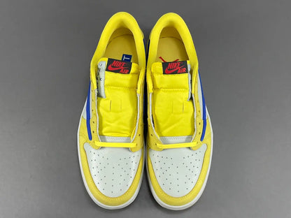 "Jordan 1 Low OG x Canary – low-top sneaker with premium leather upper, bright yellow and white colorway, and classic retro design."