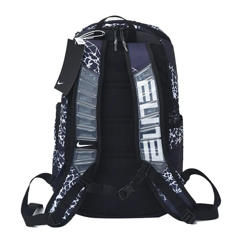 Nike backpack shown from the back, featuring a black and navy blue design with white graphic patterns, clear protective padding on the shoulder straps, and 'RUN' printed vertically in white on the backrest.