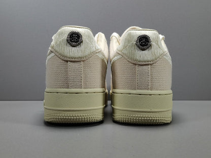 Nike Air Force 1 x Stüssy Fossil featuring textured hemp upper and minimalist branding