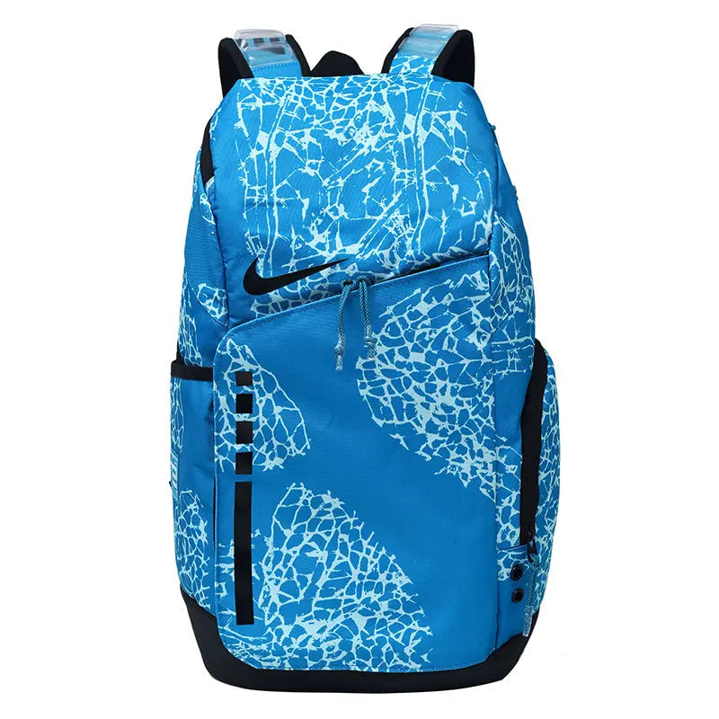 Blue backpack with white pattern and black accents on a white background