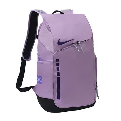 A light purple Nike backpack with black accents, including the base, shoulder straps, and a vertical stripe detail on the front pocket, shown against a plain white background.