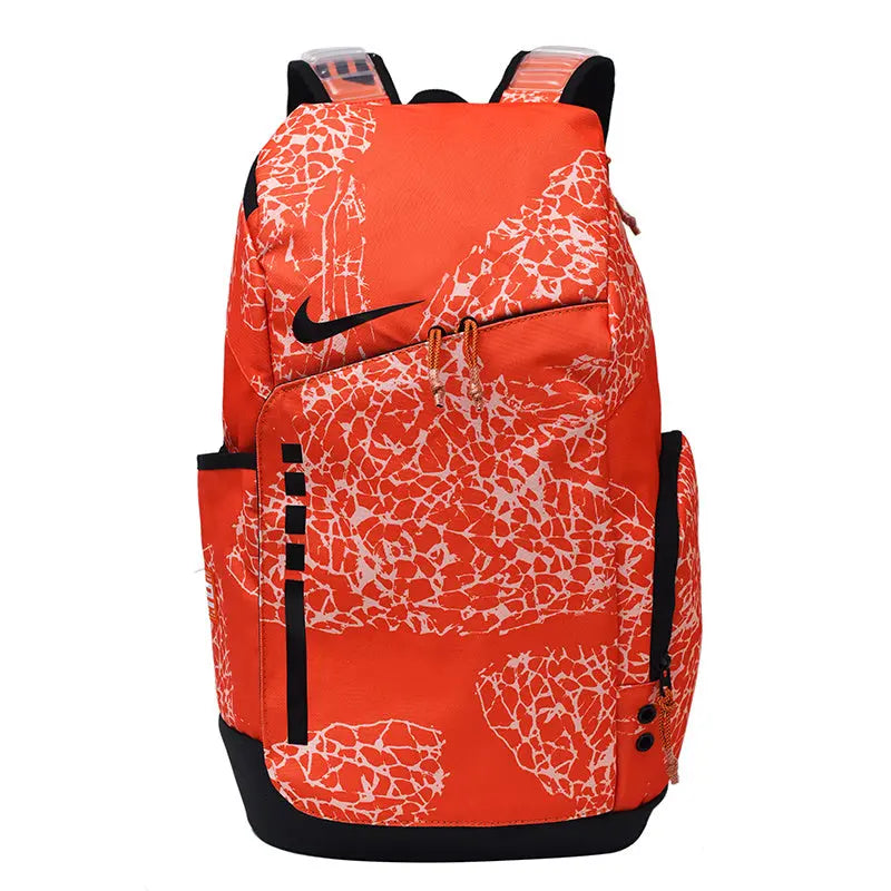 Orange backpack with white pattern and black accents on a white background
