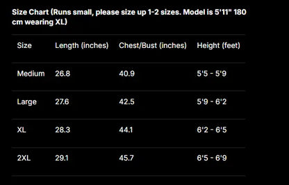 A size chart table on a black background showing measurements for Medium, Large, XL, and 2XL sizes, with columns for Length (inches), Chest/Bust (inches), and Height (feet).