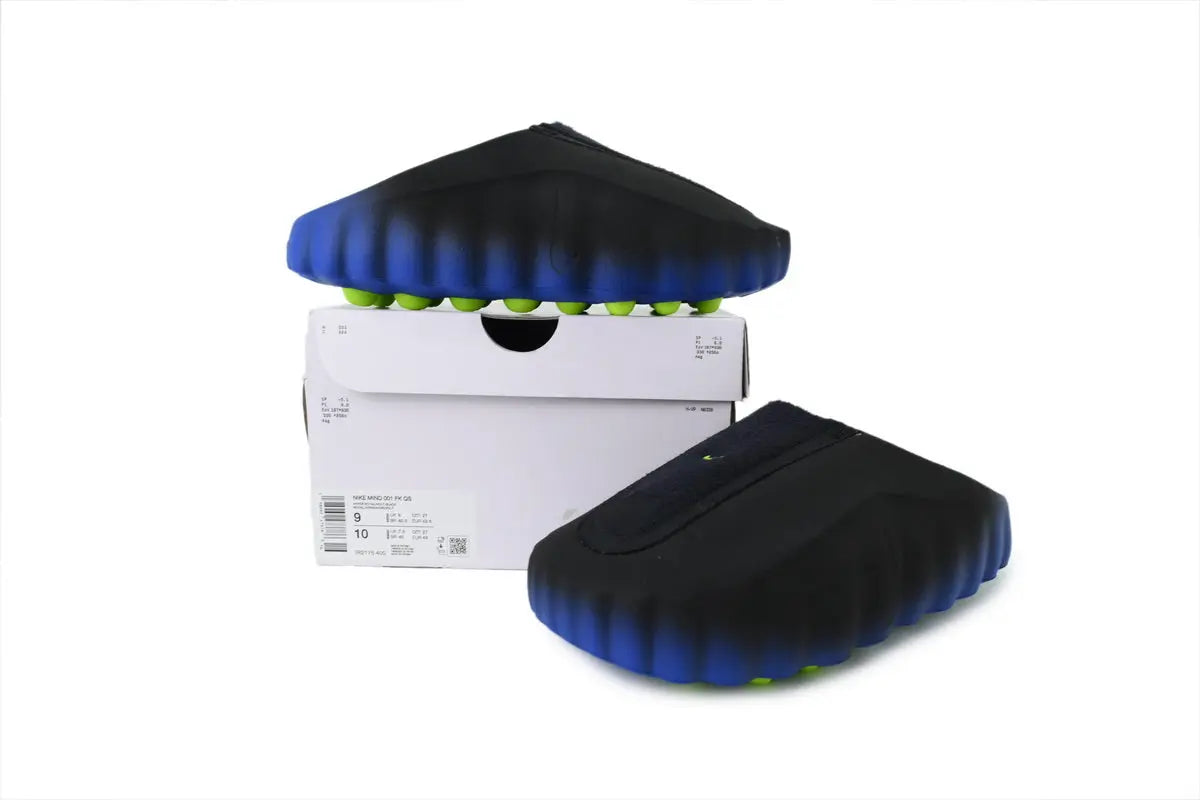 Nike Mind 001 FlyKnit Slide Hyper Royal open-toe front view FlyKnit upper detail