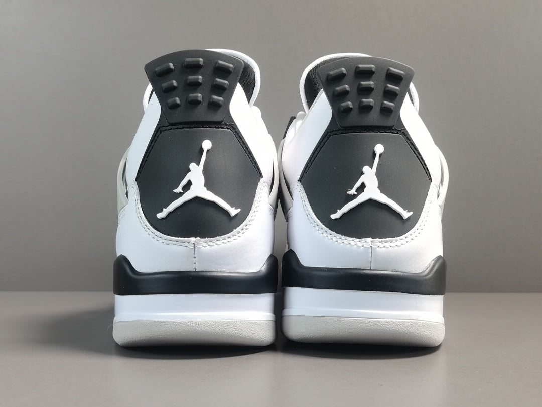 Air Jordan 4 Military Black sneakers with white leather and black accents, retro basketball shoes