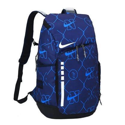 A Nike backpack in navy blue with a light blue chain-link pattern and white swoosh logo, shown on a plain white background.