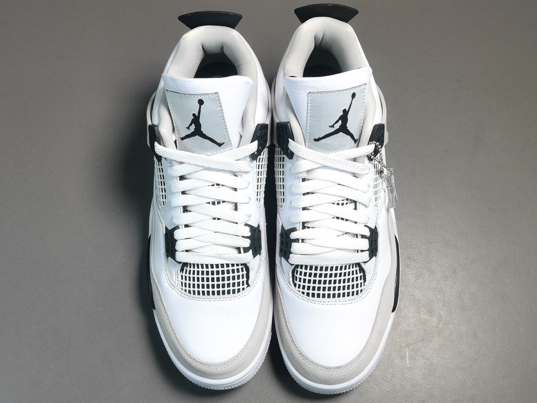 Air Jordan 4 Military Black sneakers with white leather and black accents, retro basketball shoes