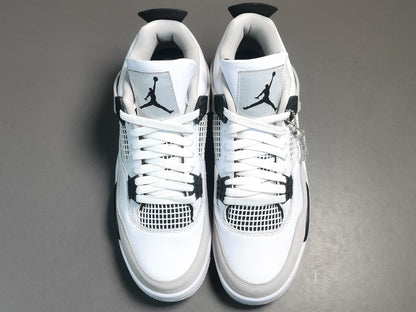 Air Jordan 4 Military Black sneakers with white leather and black accents, retro basketball shoes