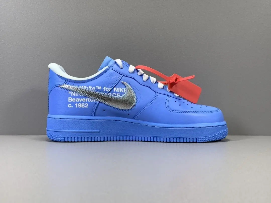 Nike Air Force 1 x Off-White MCA University Blue sneaker with metallic Swoosh
