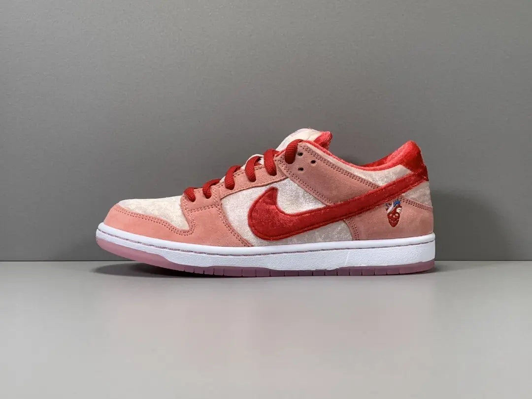 Nike SB Dunk Low Strangelove Skateboards pink velvet sneaker with heart embroidery limited edition Valentine’s Day collaboration