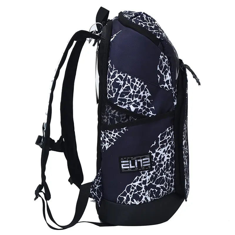 A dark navy blue backpack with a white abstract crackle pattern, featuring black straps, a black bottom panel, and a white 'ELITE' logo patch on the front.