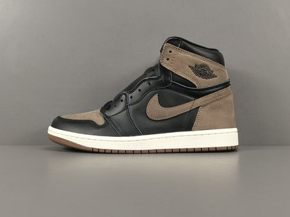 Jordan 1 Retro High Palomino sneakers with black leather and brown suede