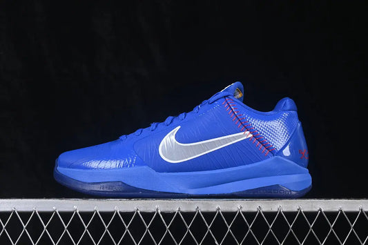 Nike Kobe 5 Protro Dodgers basketball sneakers in Rush Blue with Wolf Grey Swoosh, Comet Red baseball stitching on the heel, and Kobe jersey numbers 8 and 24 on the tongue – low-top performance shoe, style IO6256-400
