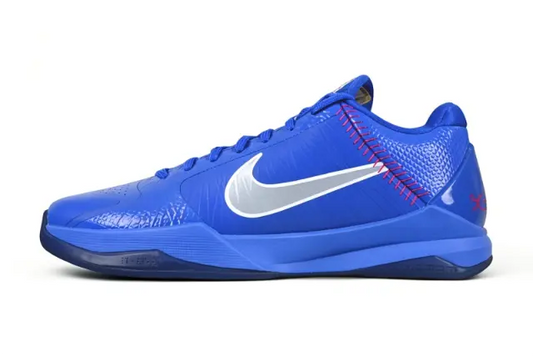 Nike Kobe 5 Protro Dodgers basketball sneakers in Rush Blue with Wolf Grey Swoosh, Comet Red baseball stitching on the heel, and Kobe jersey numbers 8 and 24 on the tongue – low-top performance shoe, style IO6256-400