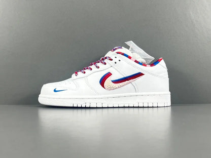Nike SB Dunk Low Parra white sneaker with pink blue green abstract overlays limited edition skate shoe