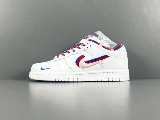 Nike SB Dunk Low Parra white sneaker with pink blue green abstract overlays limited edition skate shoe