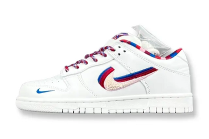 Nike SB Dunk Low Parra white sneaker with pink blue green abstract overlays limited edition skate shoe
