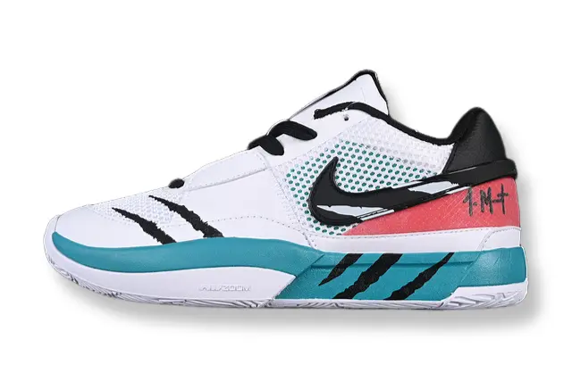 nike ja 1 x reverse scratch basketball shoes side view with bold inverted scratch colorway
