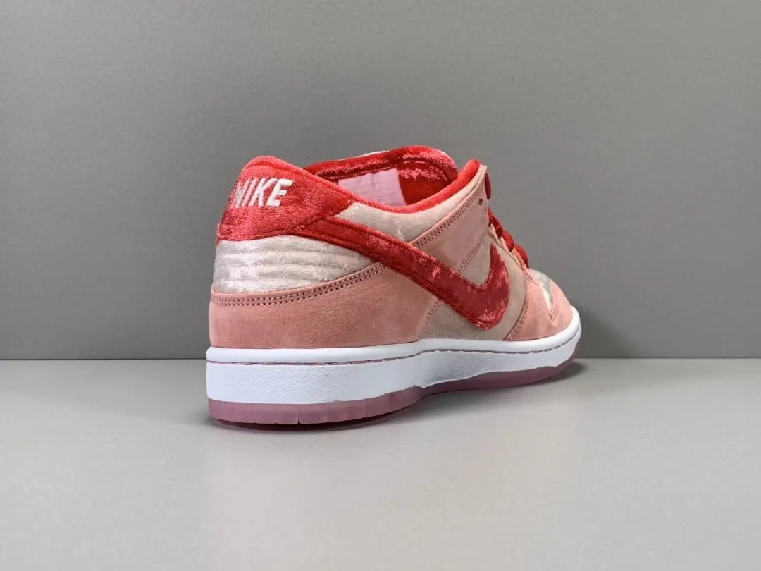 Nike SB Dunk Low Strangelove Skateboards pink velvet sneaker with heart embroidery limited edition Valentine’s Day collaboration