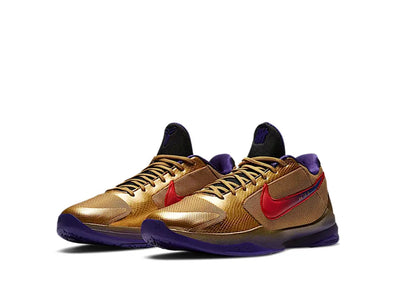 Nike Kobe 5 x Undefeated Hall of Fame basketball shoes in gold and purple colorway
