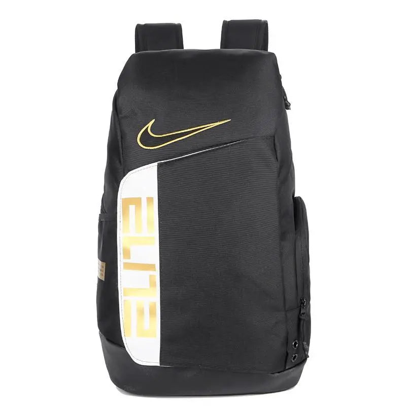 Black and gold Nike Elite Pro basketball backpack with padded straps and multiple compartments
