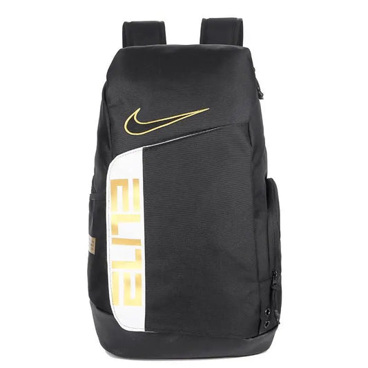Black and gold Nike Elite Pro basketball backpack with padded straps and multiple compartments
