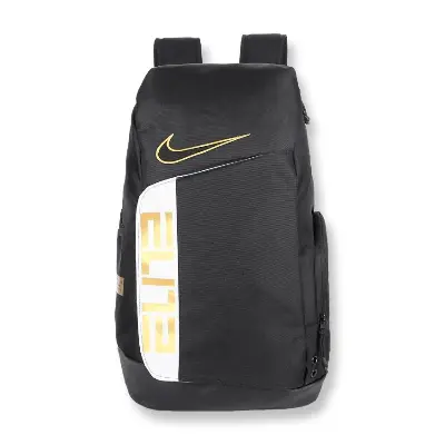Black and gold Nike Elite Pro basketball backpack with padded straps and multiple compartments
