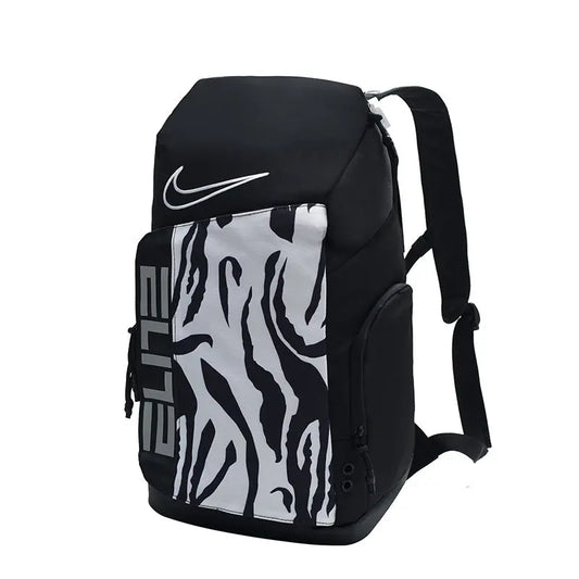 A black Nike backpack with a white and black abstract patterned front panel, featuring a white Nike swoosh logo and vertical 'ELITE' text on the side, shown against a plain white background.