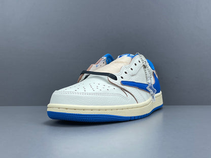 Air Jordan 1 Low OG x Travis Scott x Fragment with a white, black, and blue design, reverse Swoosh, and co-branded heel logos.