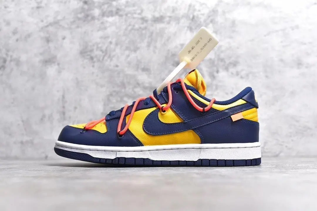Nike Dunk Off White University Gold navy low top sneaker side view