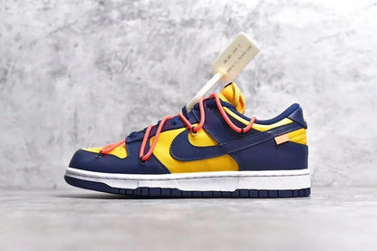 Nike Dunk Off White University Gold navy low top sneaker side view